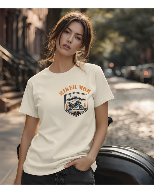 BIKER MOM Chest Badge Women’s Motorcycle T-Shirt | Natural & Orange