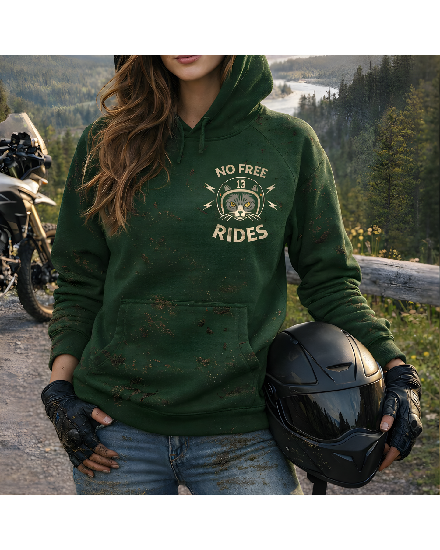 NO FREE RIDES Cat Helmet Graphic Women’s Motorcycle Hoodie | Forest Green