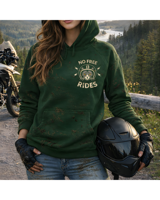 NO FREE RIDES Cat Helmet Graphic Women’s Motorcycle Hoodie | Forest Green