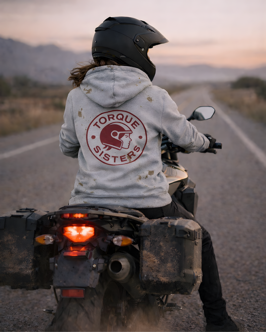 BIKER MOM Badge Graphic Women’s Motorcycle Hoodie | Heather Gray & Crimson Red