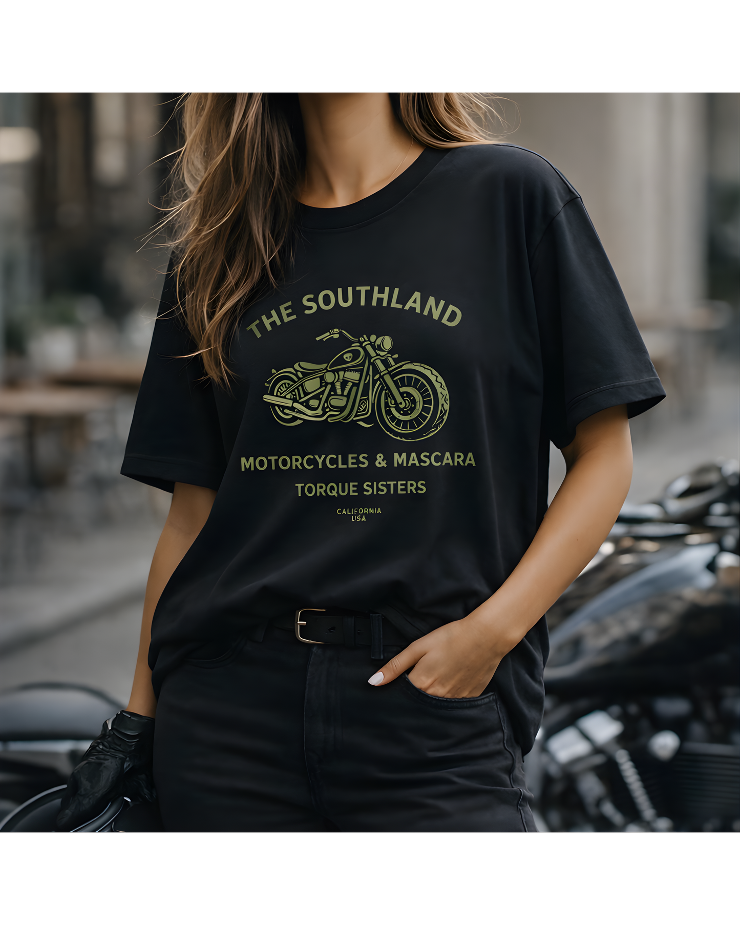 THE SOUTHLAND Motorcycles & Mascara Women’s Motorcycle T-Shirt | Black & Olive