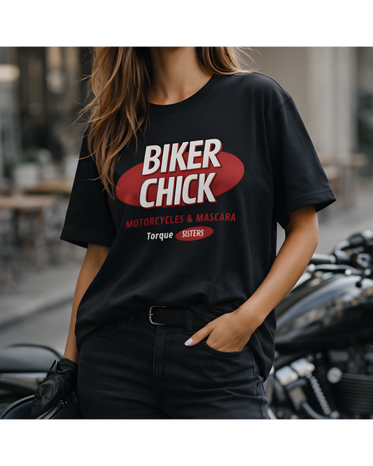 BIKER CHICK Motorcycles & Mascara Women’s Motorcycle T-Shirt | Black