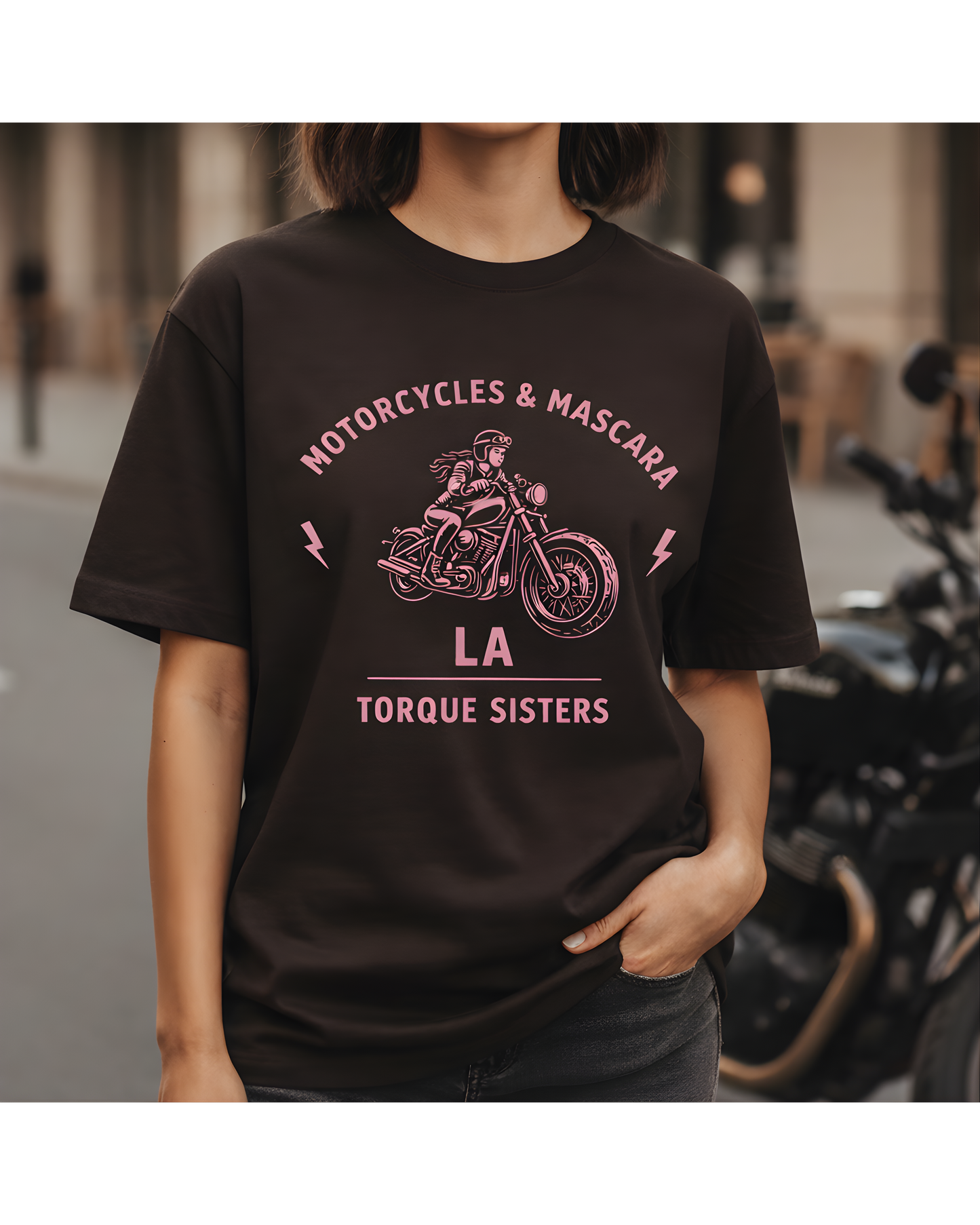 MOTORCYCLES & MASCARA LA Women’s Motorcycle T-Shirt | Dark Brown & Pink